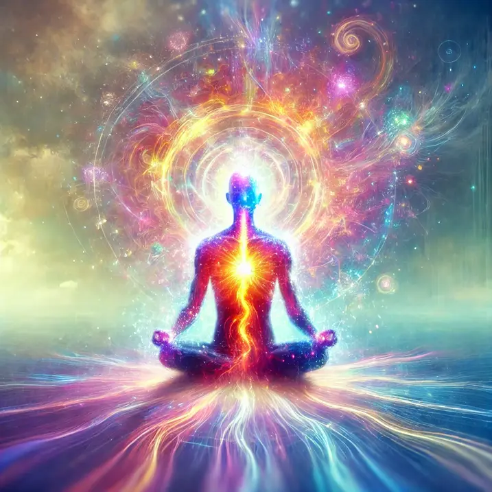 La imagen muestra a una persona meditando en medio de un entorno sereno, con un aura radiante y colorida que emana de su cuerpo. El aura se representa como una serie de colores vibrantes que rodean al individuo, simbolizando salud y bienestar. El fondo es un paisaje etéreo con una suave luz que crea una atmósfera espiritual y pacífica. Esta ilustración refleja la idea de que el aura es un campo energético que rodea a todos los seres vivos.