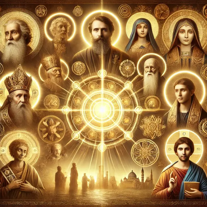  Esta imagen presenta una representación cultural e histórica de auras en diferentes religiones. Muestra figuras religiosas con halos dorados alrededor de sus cabezas, junto con varios símbolos espirituales como halos y luces doradas. La atmósfera es tranquila, con colores cálidos que simbolizan el poder divino y la sanación. La ilustración destaca cómo diferentes culturas y tradiciones han interpretado el aura a lo largo de la historia.