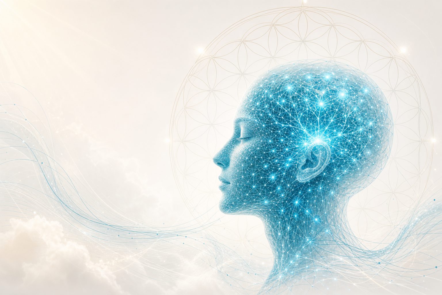 Cabeza humana formada por una red neuronal de luz azul, símbolo del subconsciente despierto