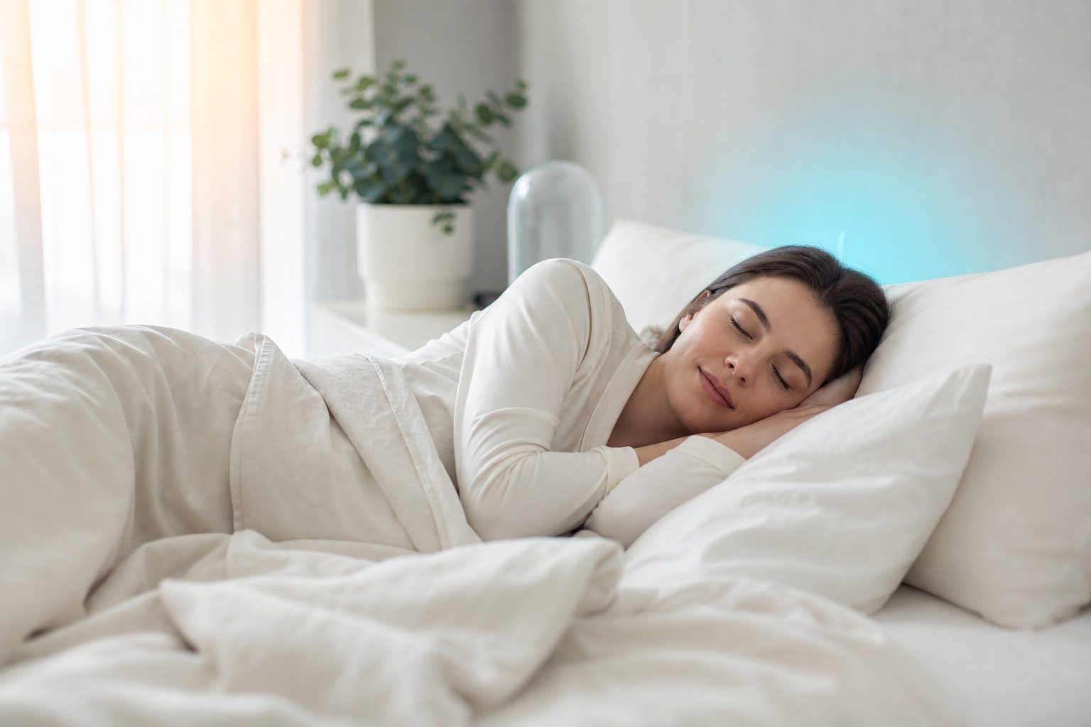 Mujer durmiendo en paz al amanecer mientras su mente subconsciente trabaja