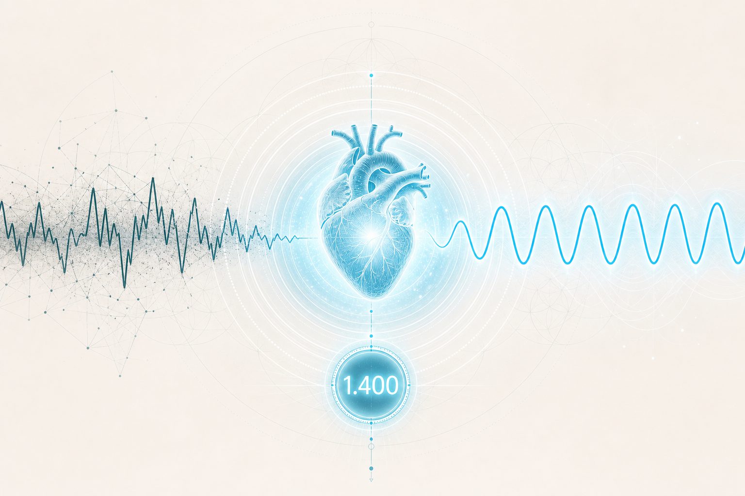 Corazón luminoso con ritmo que pasa de caótico a coherente y el dato 1.400