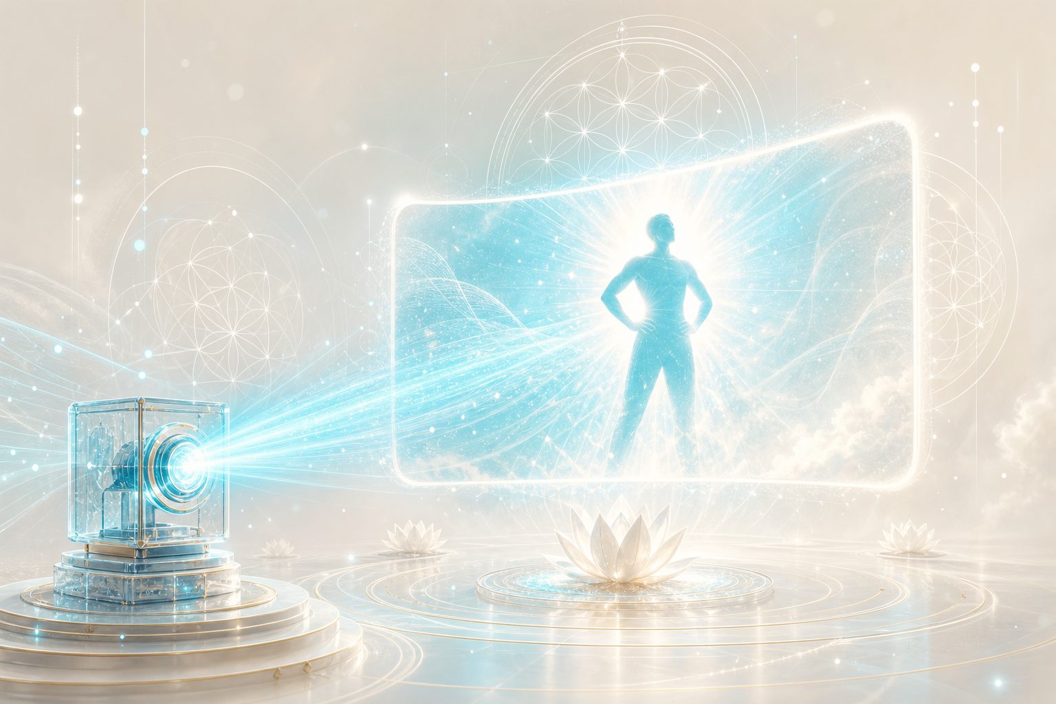 Pantalla de luz proyectando la silueta radiante de una persona segura y empoderada