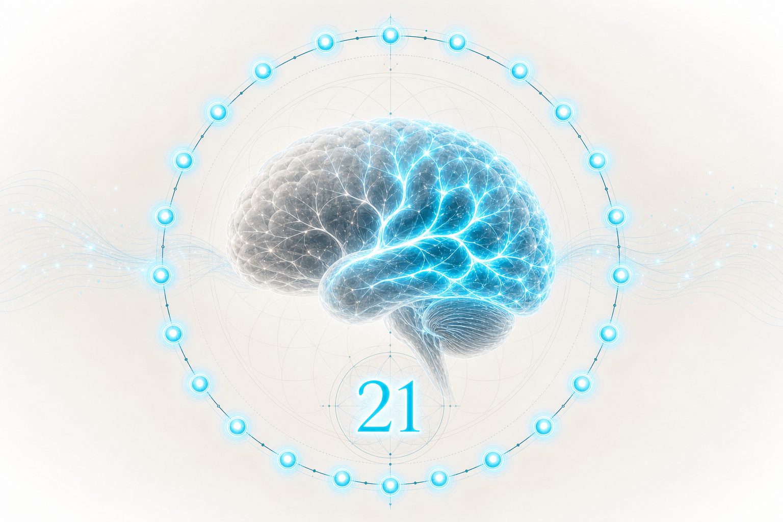 Cerebro luminoso rodeado de 21 nodos de luz que representan 21 días de práctica
