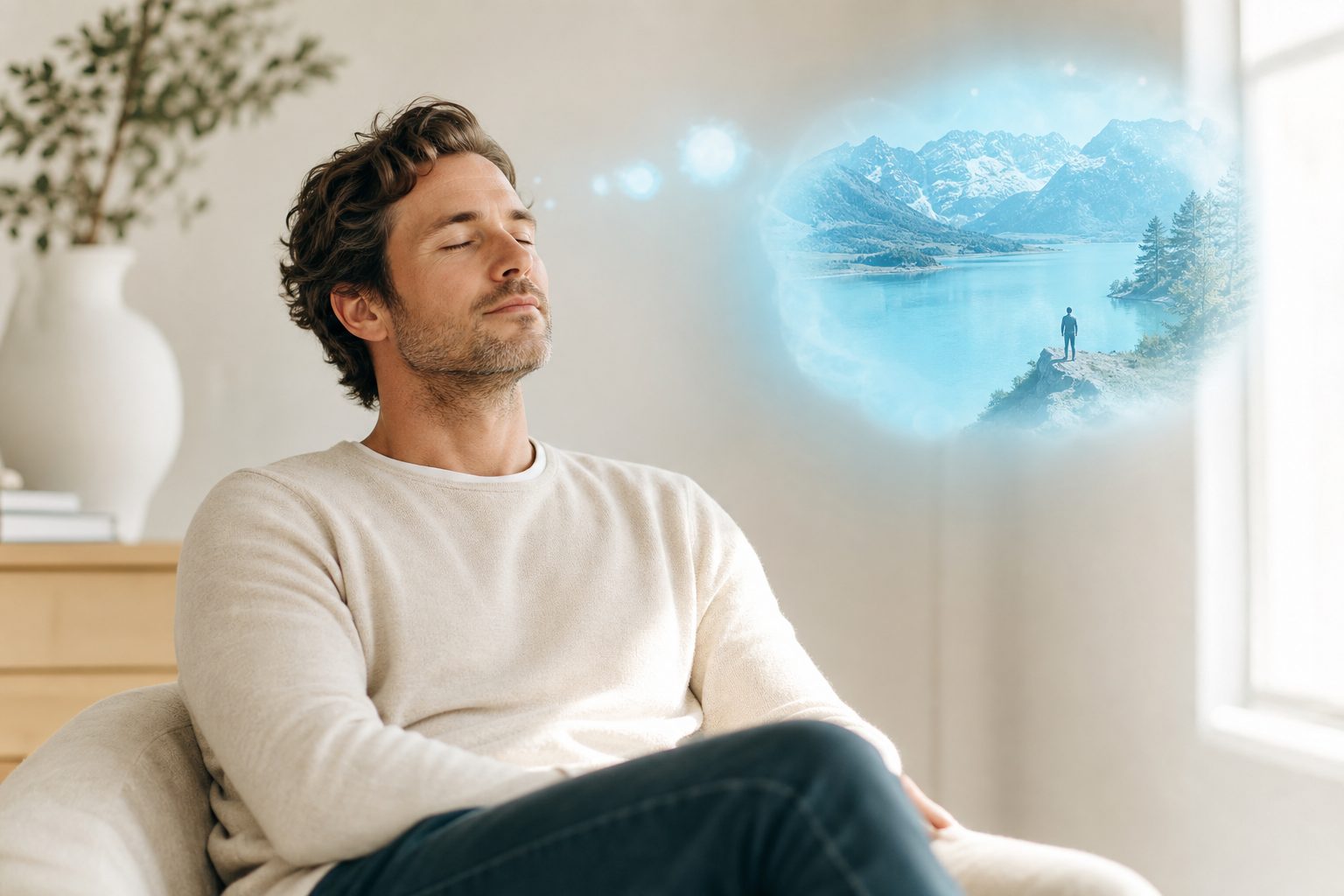 Hombre relajado visualizando con los ojos cerrados una escena en su mente