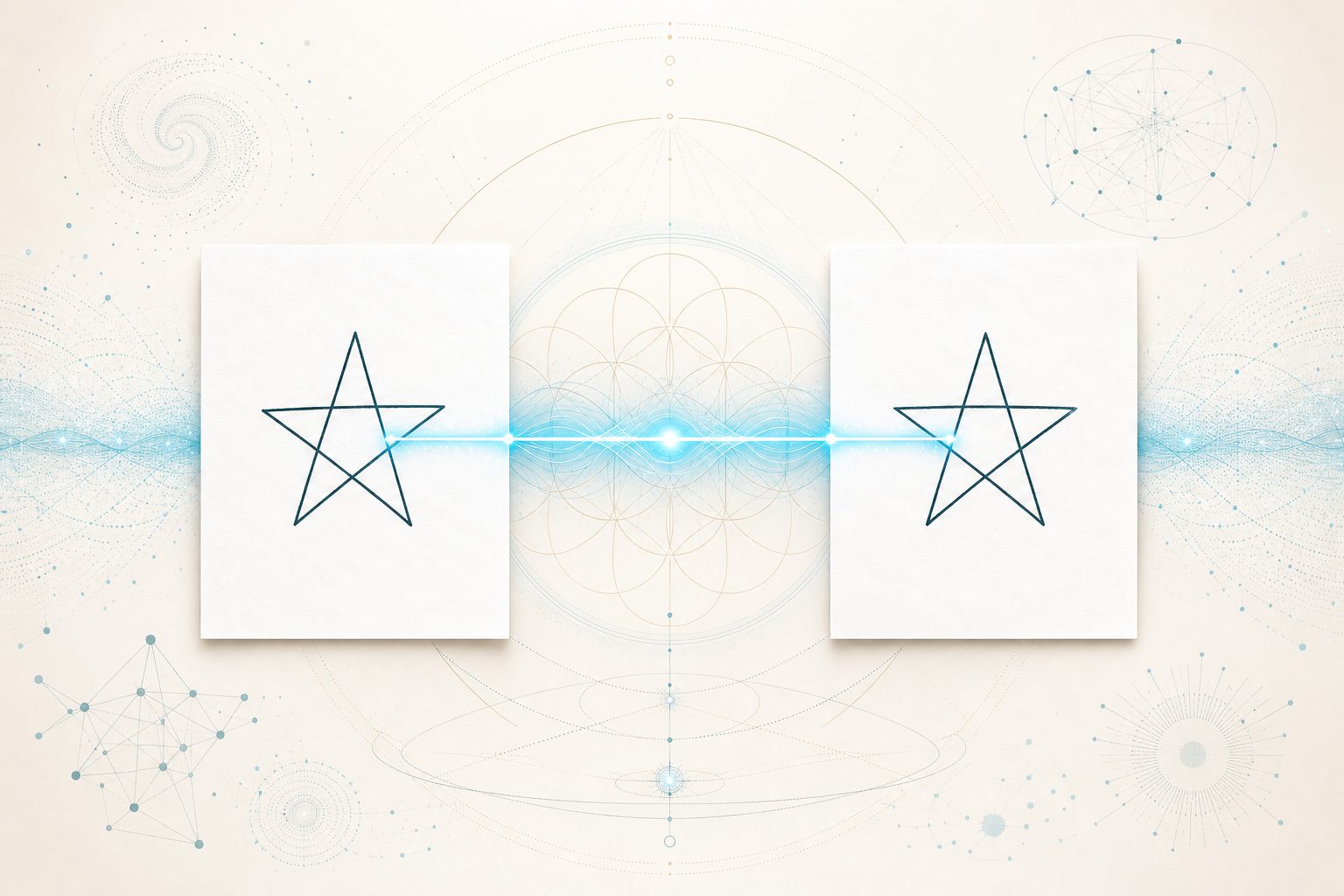 Dos hojas con la misma estrella dibujada, unidas por una línea de luz, prueba de telepatía