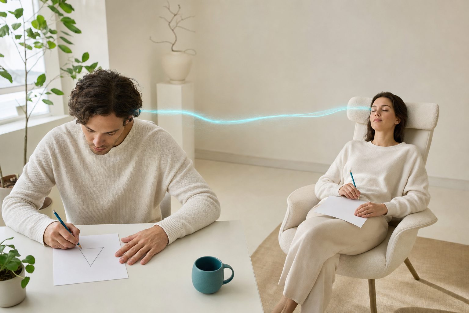 Dos personas haciendo un experimento de telepatía por dibujos conectadas por luz azul